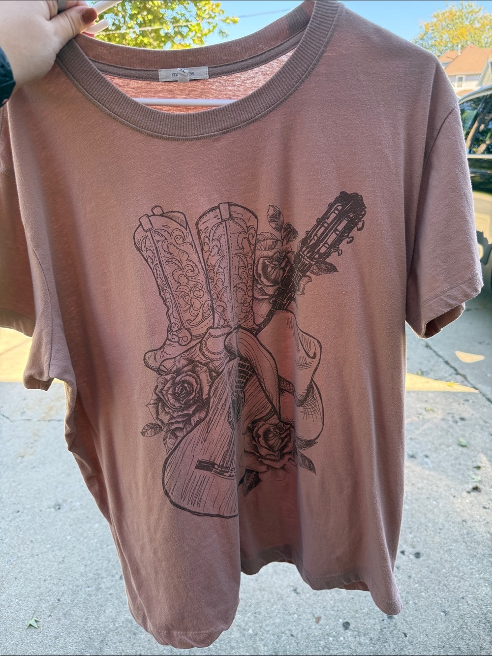 Maurices Dusty Rose Graphic Tee with Guitar, Boots & Rose Print